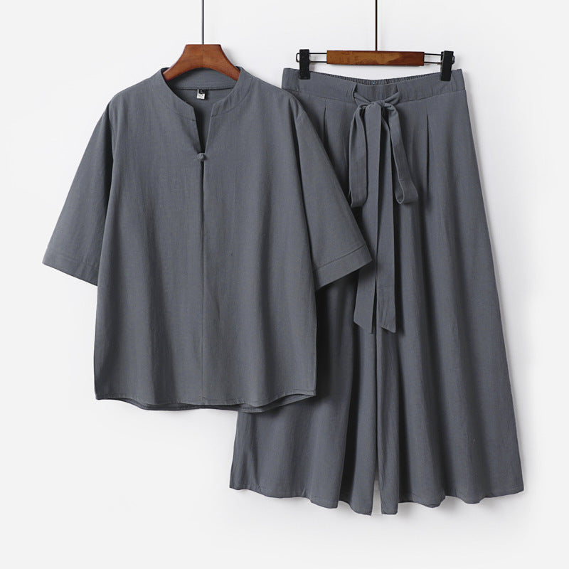 Damen Lässiges Leinen-Viskose Lounge-Set mit Stehkragen-Oberteil und weiten Palazzo-Hose Echoarchiv