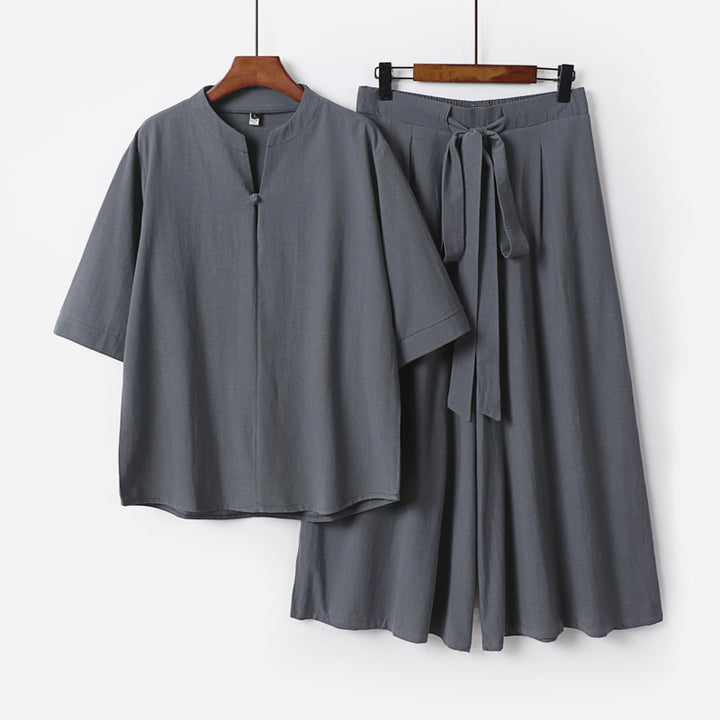 Damen Lässiges Leinen-Viskose Lounge-Set mit Stehkragen-Oberteil und weiten Palazzo-Hose Echoarchiv