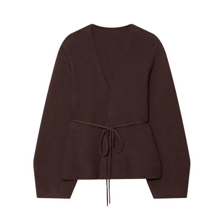 Damen taillierte Strickjacke mit tiefem V-Ausschnitt, Bindegürtel und kastigen Ärmeln – Veloura