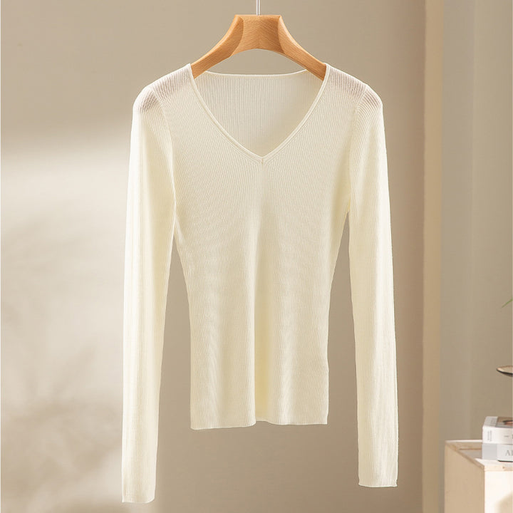 Damen Feiner gerippter Feinstrickpullover mit V-Ausschnitt und taillierter Silhouette Echoarchiv
