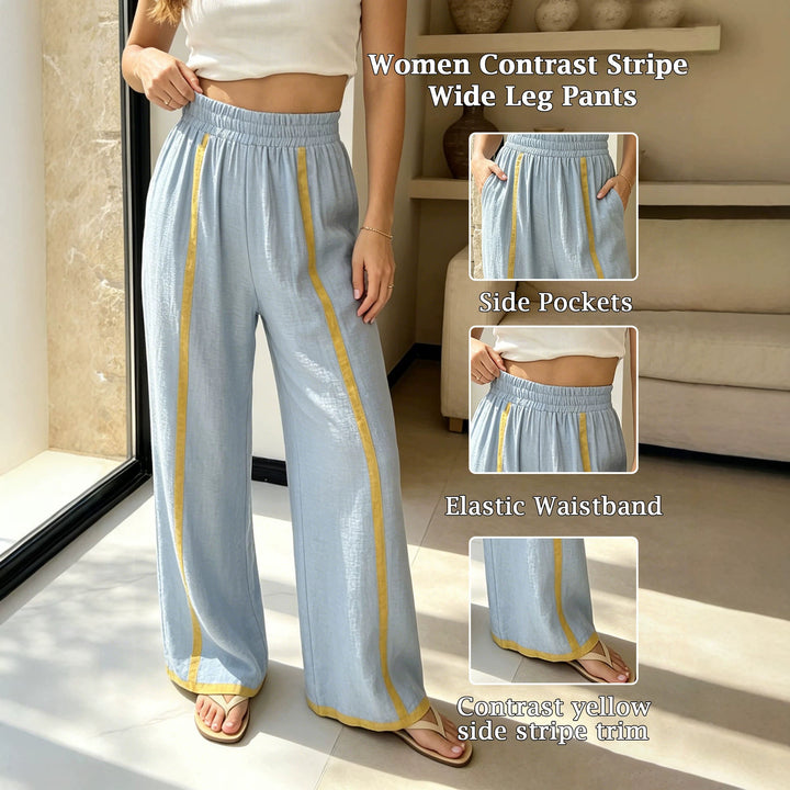 Damen Weite Leinenhose mit Kontraststreifen und elastischem Bund echoarchiv-