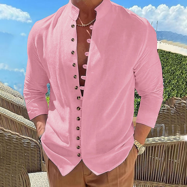 Herren Langarmhemd mit modernem Mandarin-Kragen und kreativen Knopfdetails Echoarchiv