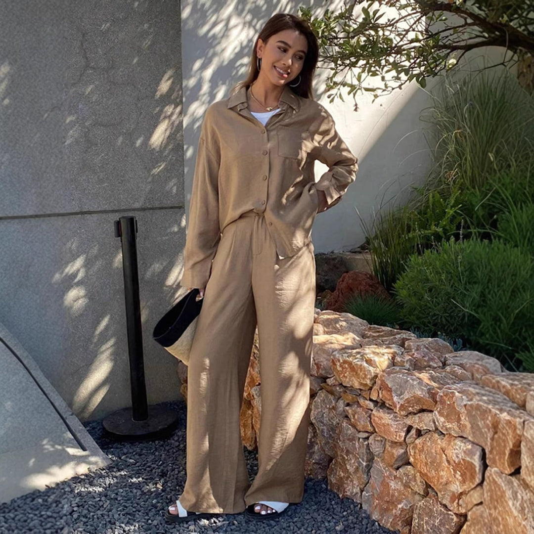 Damen nan entspanntes Leinen Lounge Set mit Oversize Hemd und Kordelbund Palazzohose Echo Archiv