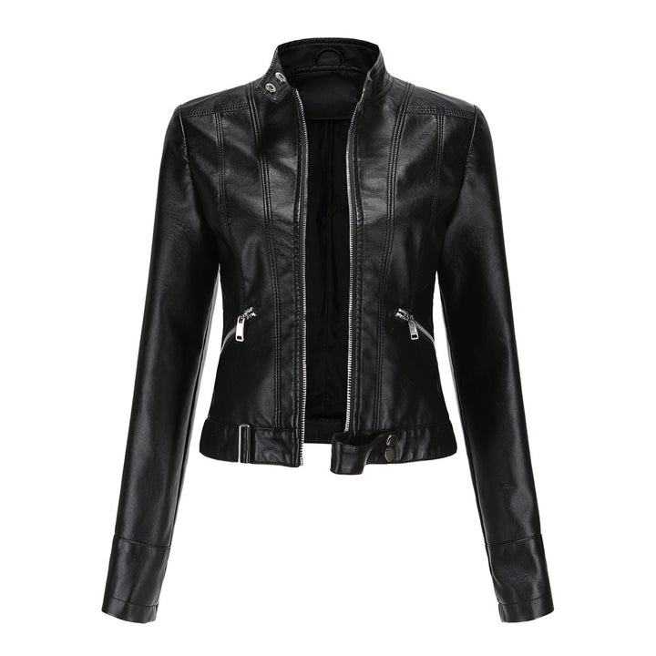 Damen nan kurze taillierte Kunstlederjacke im Racer-Stil mit Stehkragen und Reißverschlusstaschen Echo Archiv