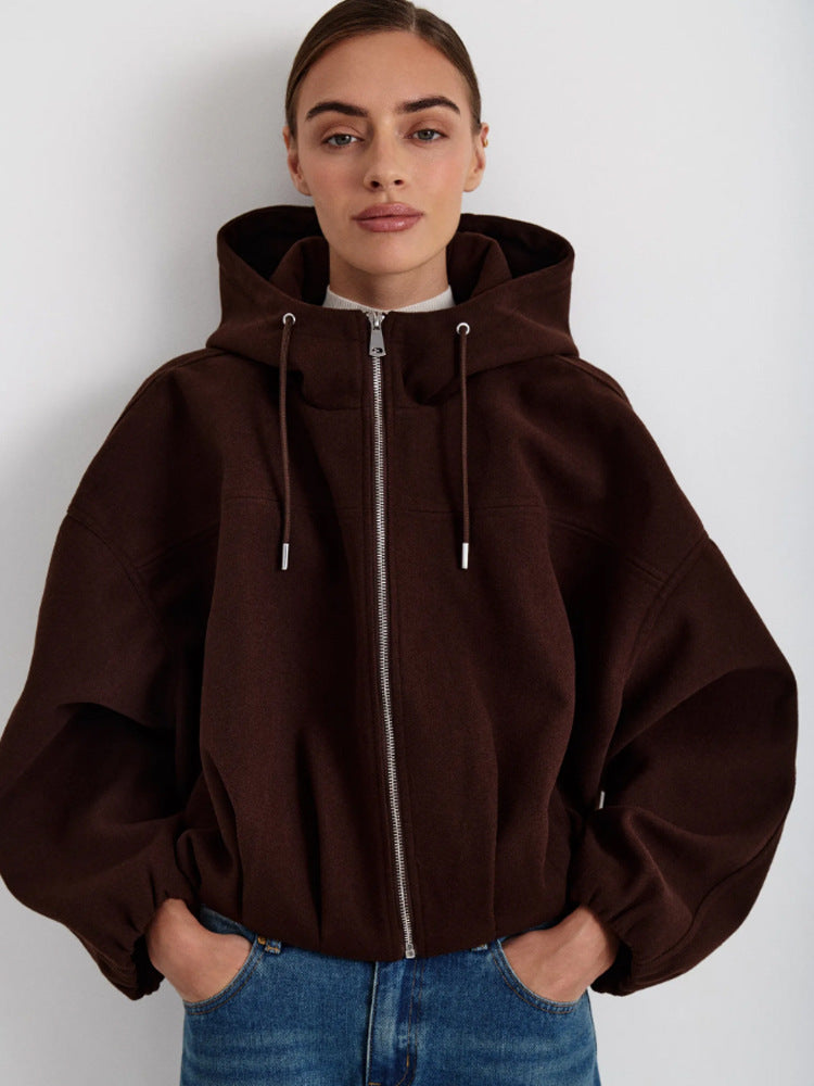 Damen Kurzjacke aus Wollmix mit Kapuze, kastiger Boxy‑Silhouette & gerafftem Saum Echoarchiv