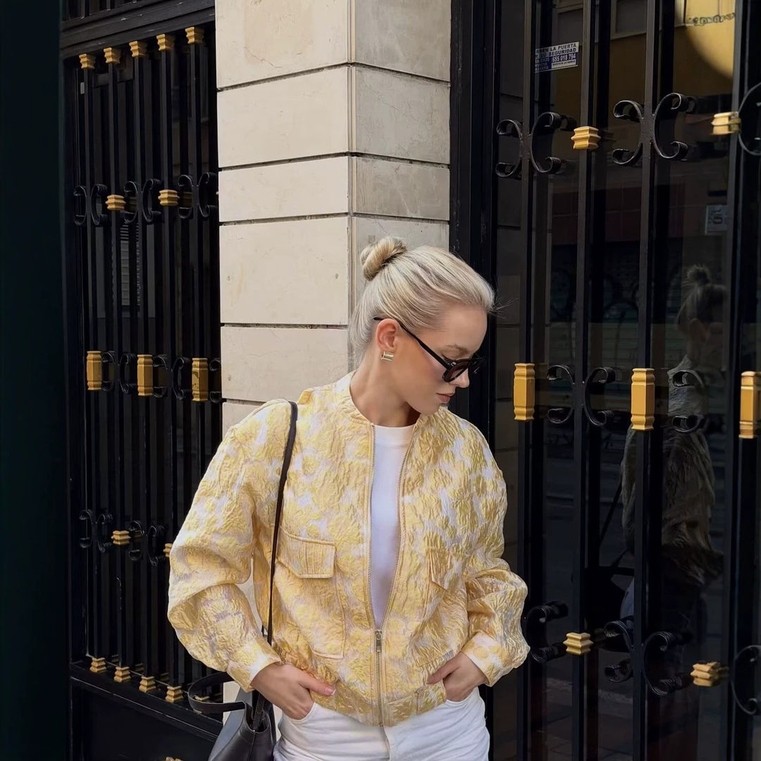 Damen Jacquard-Bomberjacke im Cropped-Boxy-Schnitt mit Pattentaschen Echoarchiv