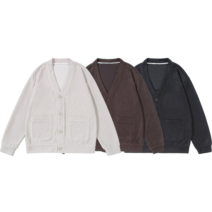 Unisex Strukturiertes Knopf-Cardigan mit V-Ausschnitt und aufgesetzten Taschen Echoarchiv