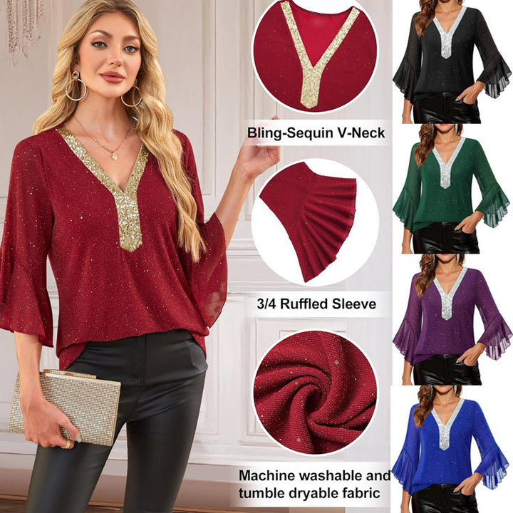 Damen Festliche Mesh-Bluse mit V-Ausschnitt, Paillettenbesatz und Volantärmeln – Élovi