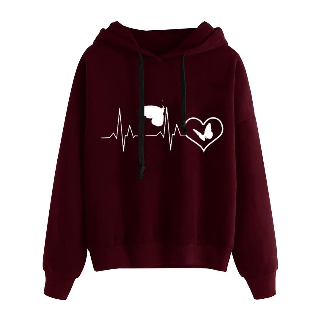 Damen leichter Oversize Kapuzenpullover mit Herz‑EKG‑Motiv, langen Kordeln und elastischem Bund – Auréline