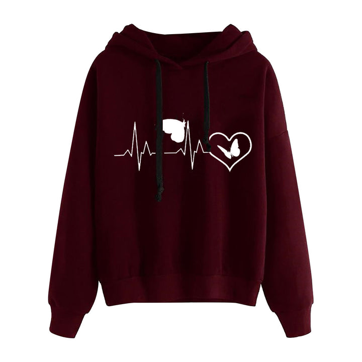 Damen leichter Oversize Kapuzenpullover mit Herz‑EKG‑Motiv, langen Kordeln und elastischem Bund – Auréline