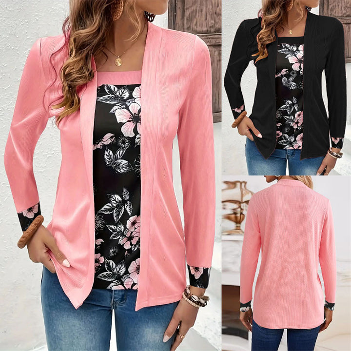 Damen Offener Longcardigan mit strukturierter Crinkle‑Optik und floralem Einsatztop – Veloura
