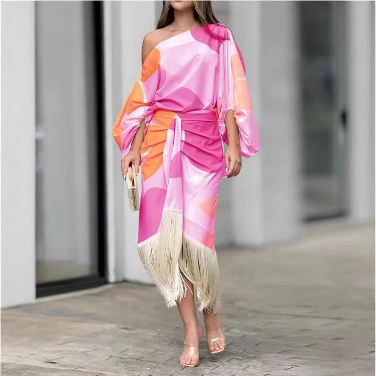 Damen nan asymmetrisches drapiertes Midikleid mit einseitiger Schulterpartie, voluminösem Ärmelschnitt und Fransen-Saum Echo Archiv