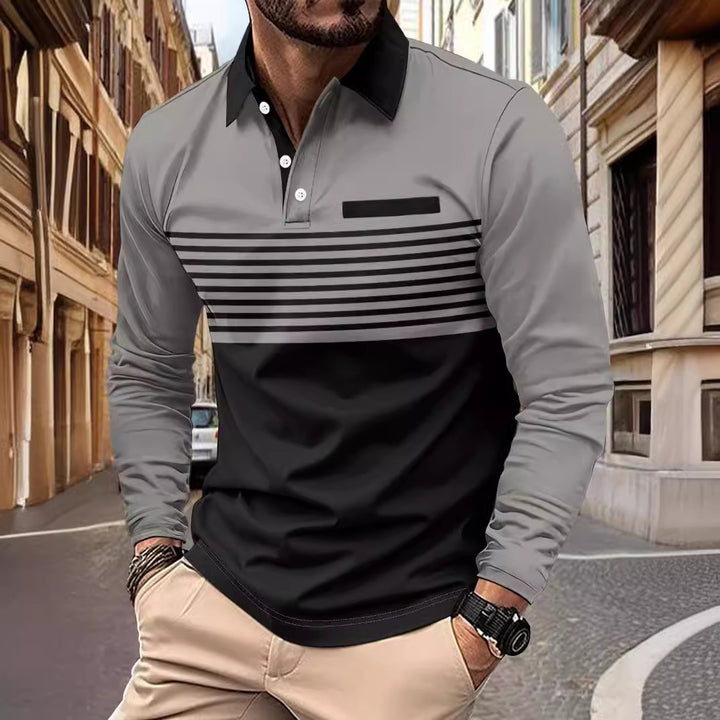 Herren nan langärmliges Poloshirt mit kontrastierendem Hemdkragen, dezenter Brustpaspel und feinem Streifenrelief Echo Archiv