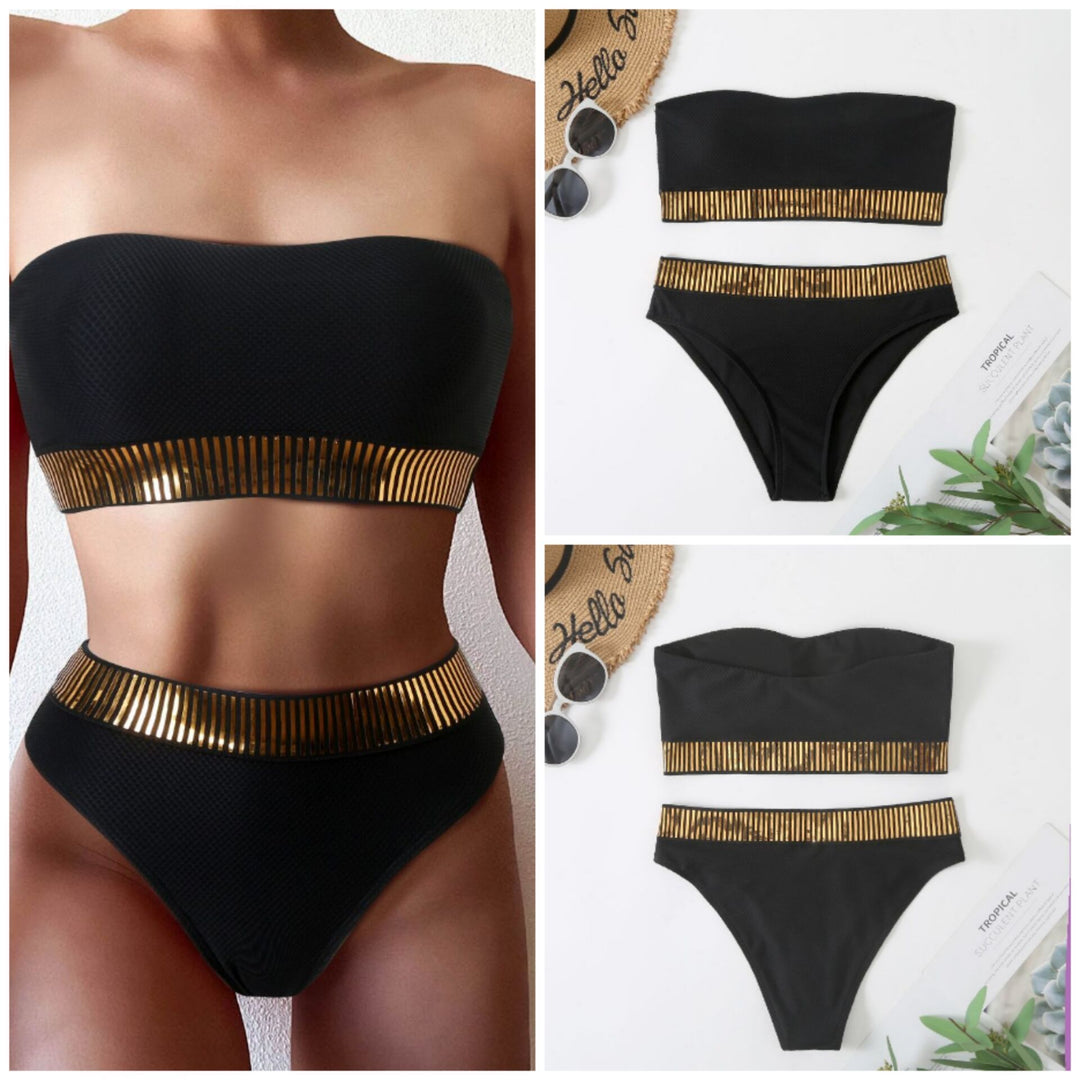 Damen Bandeau-Bikini-Set mit eleganter Rippstruktur und glänzenden Details Echo Archiv