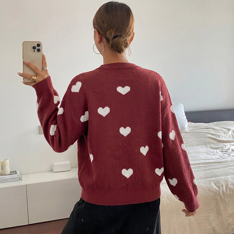 Damen Grobstrick-Pullover mit Herzintarsien und klassischem Rundhalsausschnitt – Mavelle