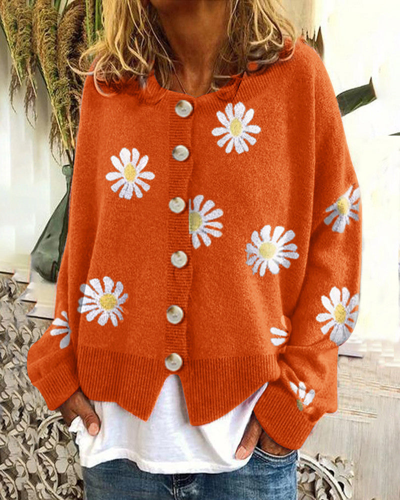 Damen Oversize Strickcardigan mit Knopfleiste und Gänseblümchen-Print Echo Archiv