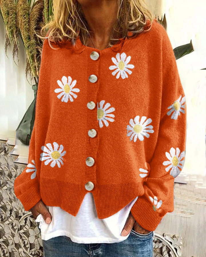 Damen Oversize Strickcardigan mit Knopfleiste und Gänseblümchen-Print Echo Archiv