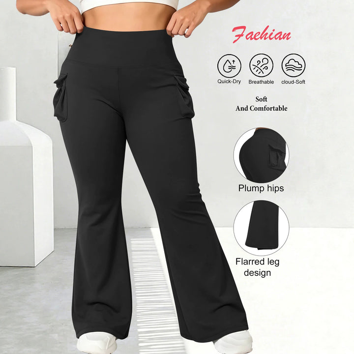 Damen High-Waist Flared-Leggings mit seitlichen Rüschen- und Handytaschen echoarchiv-