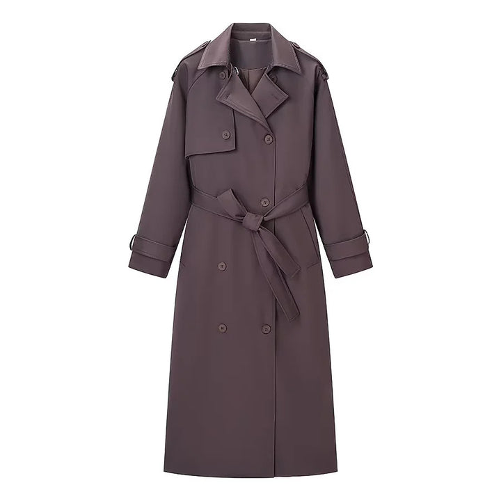 Damen langer Doppelreiher-Trenchcoat mit Taillengürtel, Epauletten und Sturmklappe – Montévia