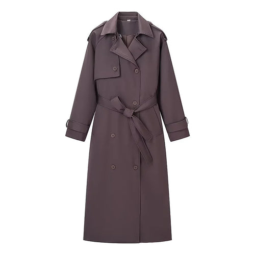 Damen langer Doppelreiher-Trenchcoat mit Taillengürtel, Epauletten und Sturmklappe – Montévia