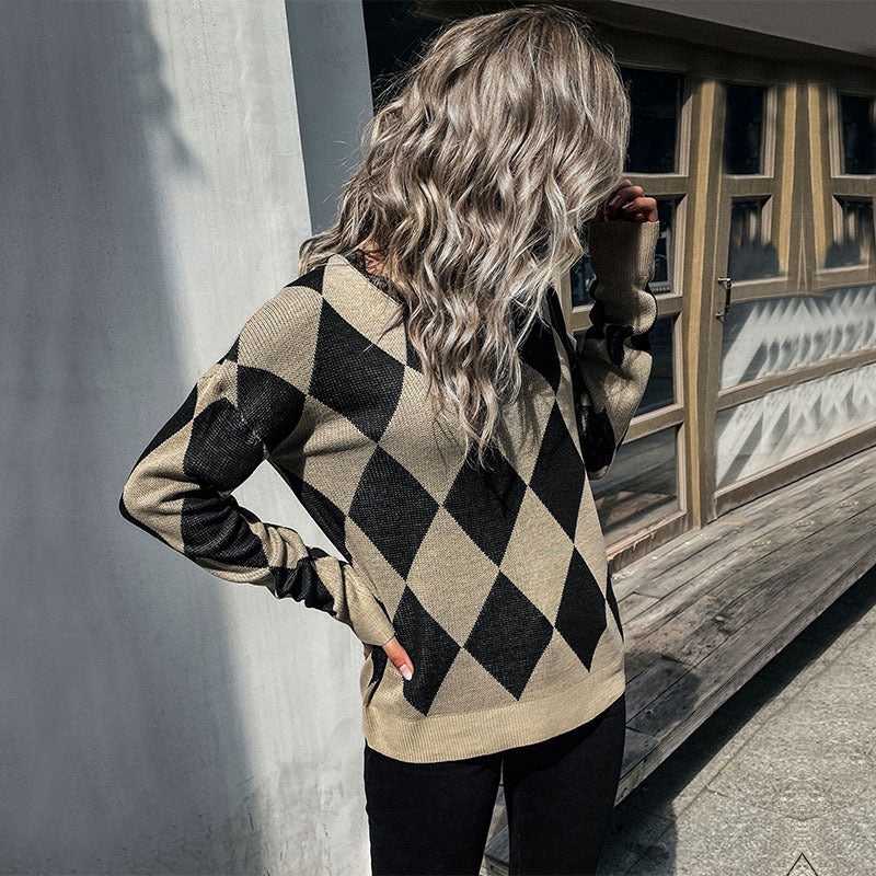 Damen Rauten-Strickpullover mit lockerem Schnitt und Rippbündchen Echoarchiv