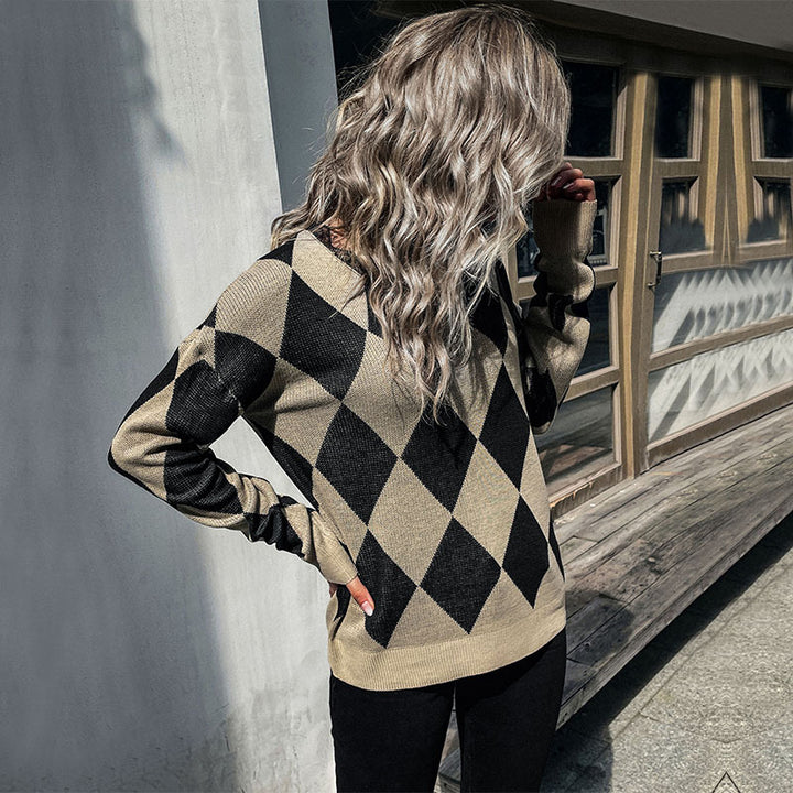 Damen Rauten-Strickpullover mit lockerem Schnitt und Rippbündchen Echoarchiv