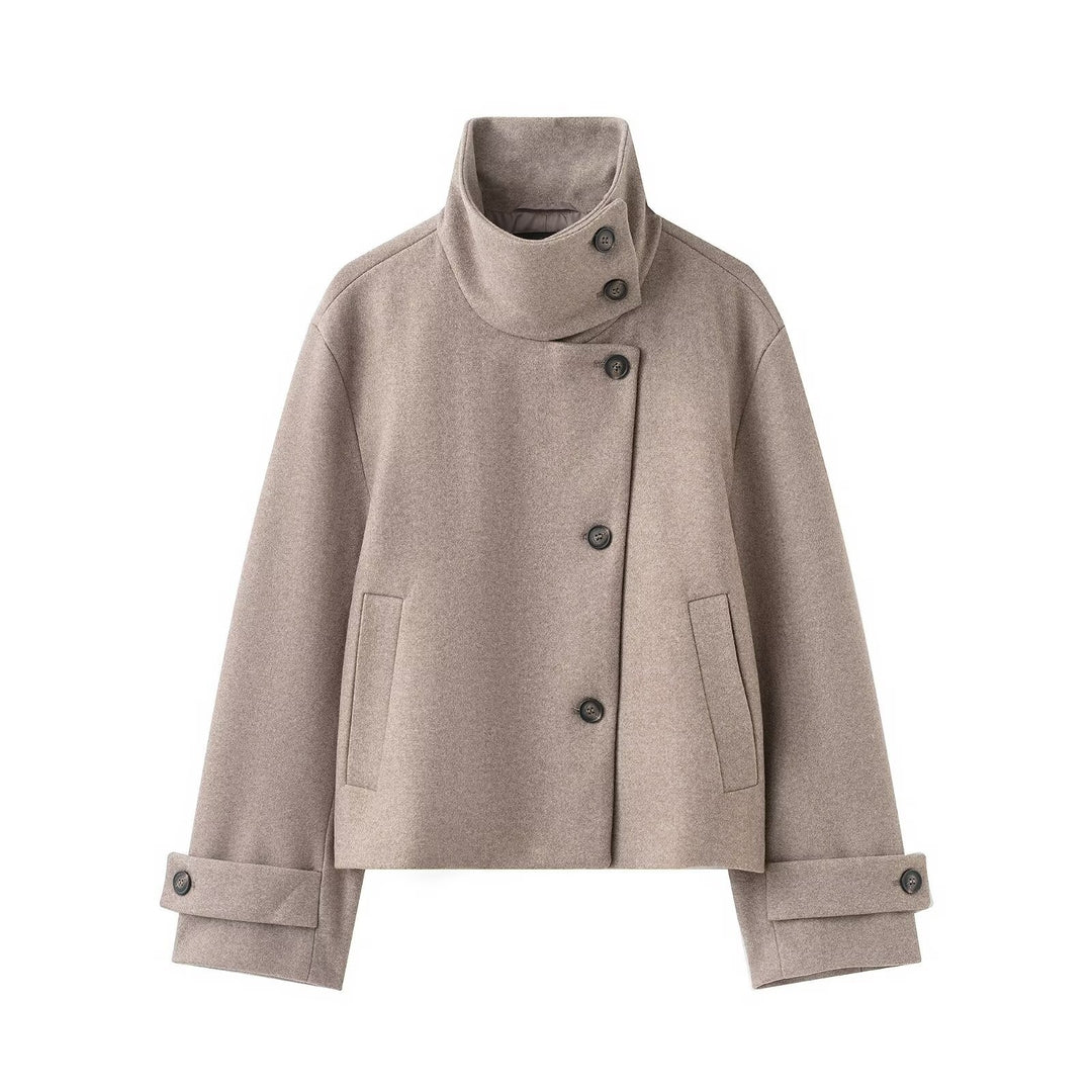 Damen Cropped Wollmix-Kurzjacke mit hohem Stehkragen, asymmetrischer Knopfleiste und Krempelmanschetten Echoarchiv
