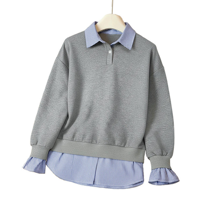 Damen Lagen-Look Sweatshirt mit eingearbeitetem Hemdsaum und Rüschenmanschetten Echoarchiv