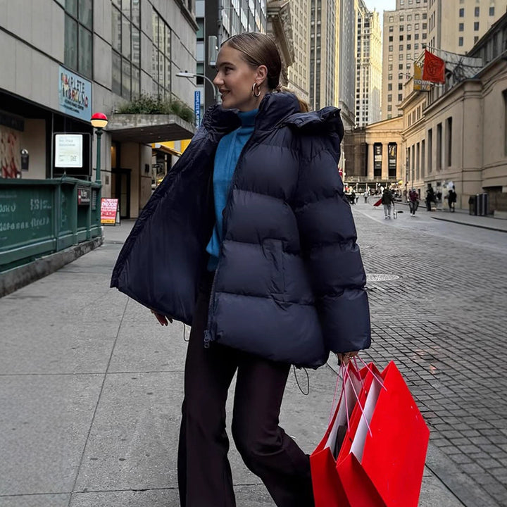 Damen Oversize Stepp-Pufferjacke mit abnehmbarer Kapuze und Zwei-Wege-Reißverschluss Echoarchiv