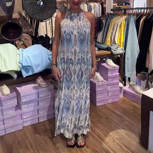 Damen nan fließendes Maxikleid mit Halterkragen, ornamentalem Ikat‑Print und weitem Fall Echo Archiv