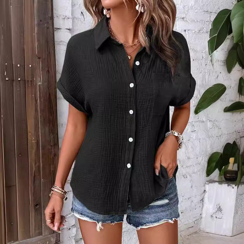 Damen Lässige Kurzarm-Hemdbluse Aus Strukturiertem Stoff Echoarchiv