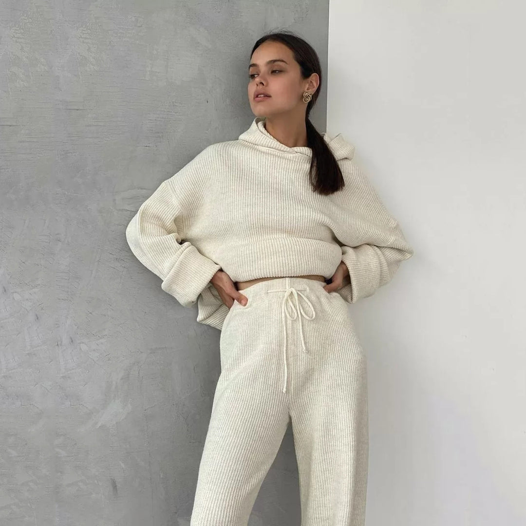 Damen gemütliches Lounge-Set mit Kapuzenpullover, Kängurutasche und weitem Jersey-Hose – Auréline