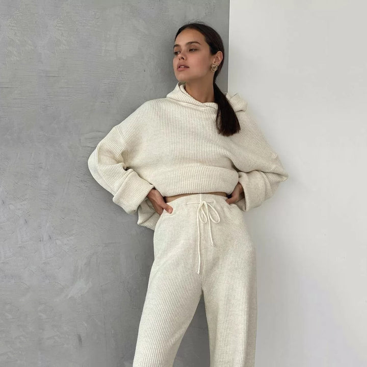 Damen gemütliches Lounge-Set mit Kapuzenpullover, Kängurutasche und weitem Jersey-Hose – Auréline