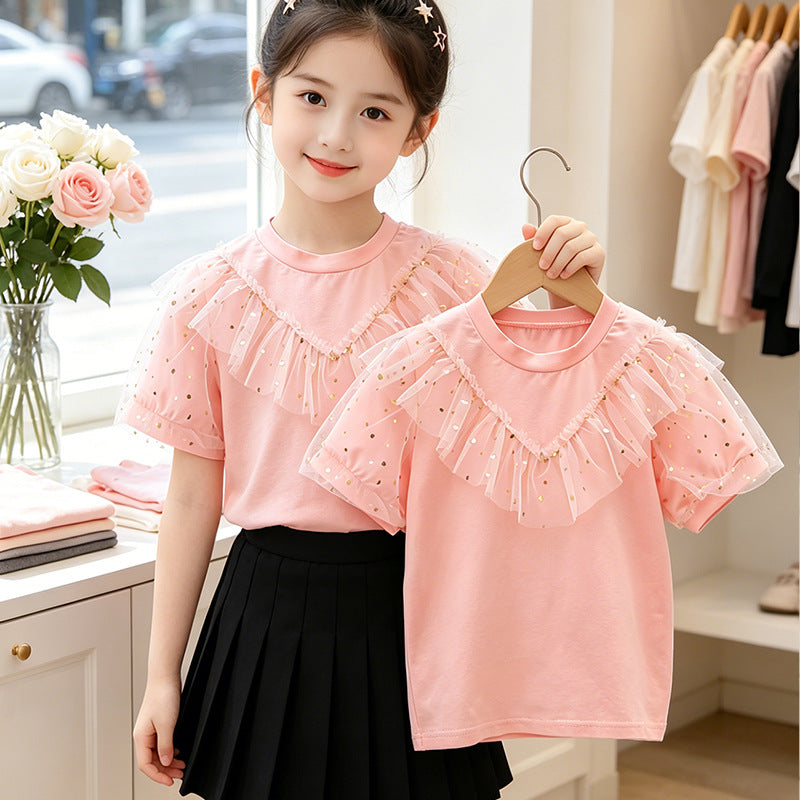 Mädchen T-Shirt mit Rüschendetails und transparenten Puffärmeln Echo Archiv