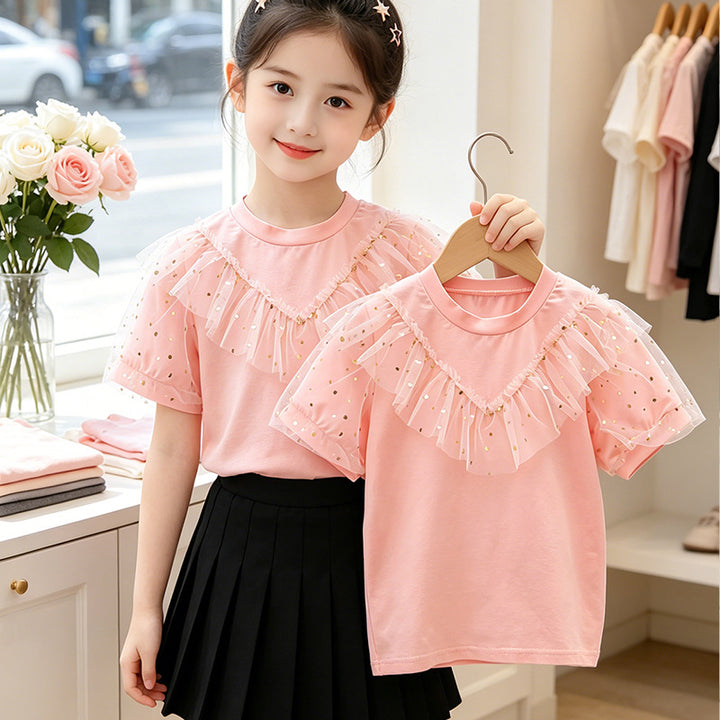 Mädchen T-Shirt mit Rüschendetails und transparenten Puffärmeln Echo Archiv