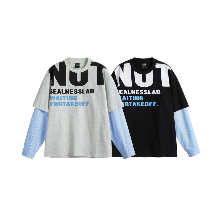 Damen Lagenlook T-Shirt mit eingearbeiteten Hemdärmeln und oversized Print Echoarchiv