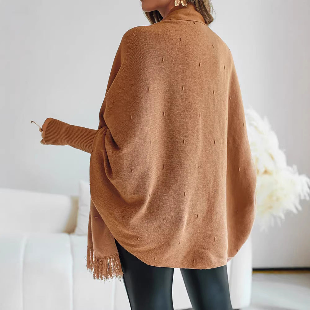 Damen Fransen‑Poncho‑Cardigan mit dekorativem Taillengürtel und Rippbündchen – Veloura