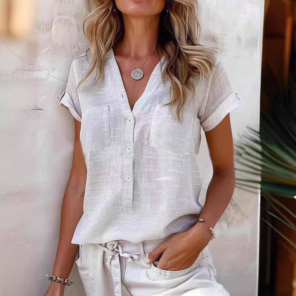 Damen Kurzarm Leinenbluse mit Knopfdetails Echoarchiv