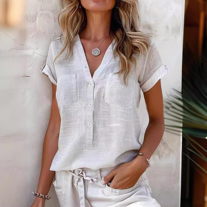 Damen Kurzarm Leinenbluse mit Knopfdetails Echoarchiv