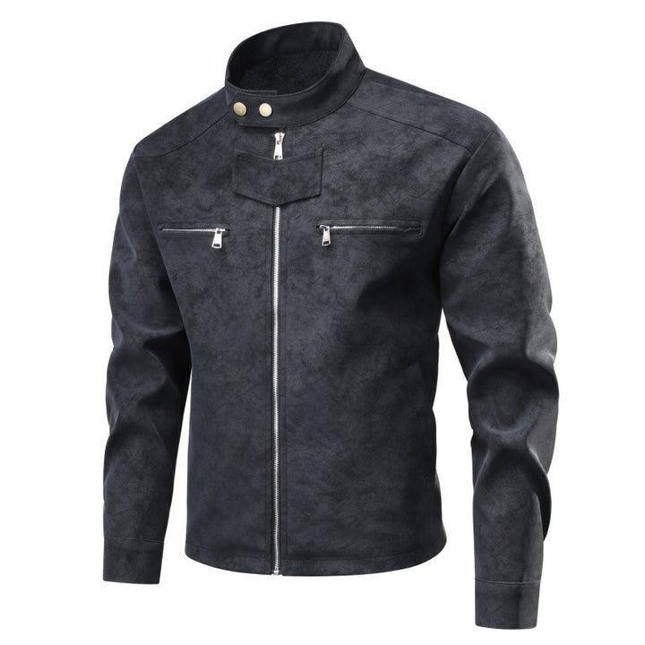 Herren Velourslederoptik-Bikerjacke mit Stehkragen, Brustreißverschlusstaschen & verdeckter Druckknopfblende Echoarchiv
