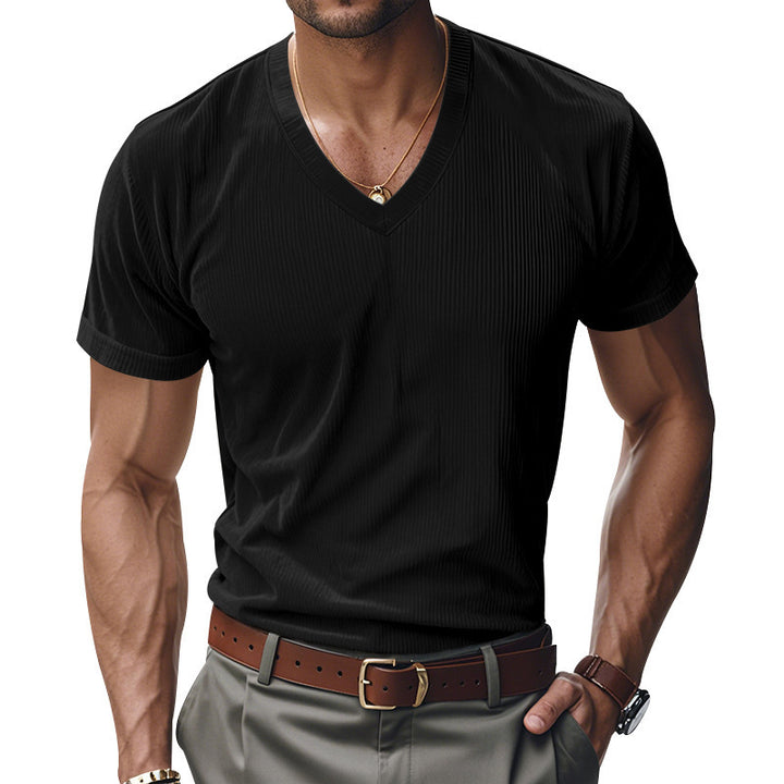 Herren V-Ausschnitt T-Shirt mit strukturiertem Rippenmuster Echoarchiv