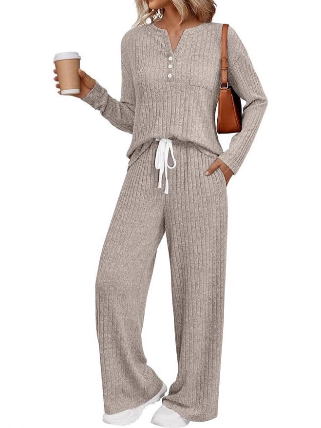 Damen Rippstrick-Lounge-Set mit Knopfleiste und weitem Kordelbund-Hose – Mavelle