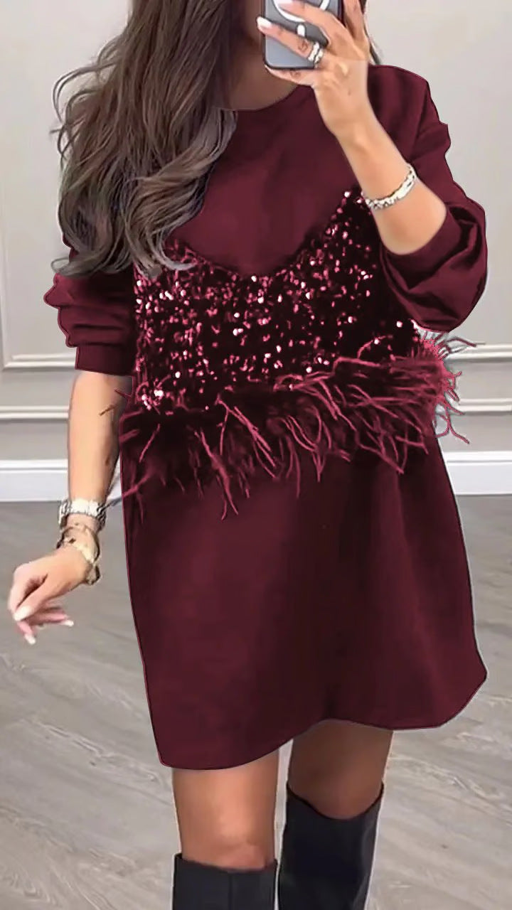 Damen nan Sweat-Minikleid mit Pailletten-Bustier und Federbesatz Echo Archiv