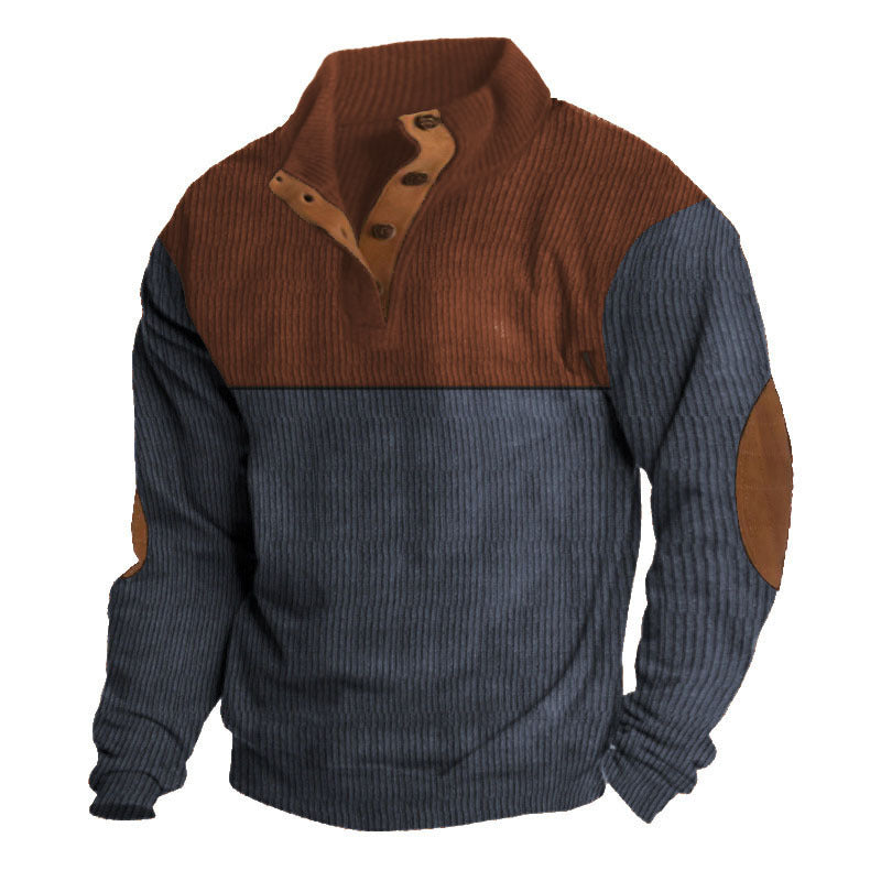 Herren nan grober Rippstrick-Pullover mit Stehkragen, Knopfleiste und markanten Ellenbogenpatches Echo Archiv
