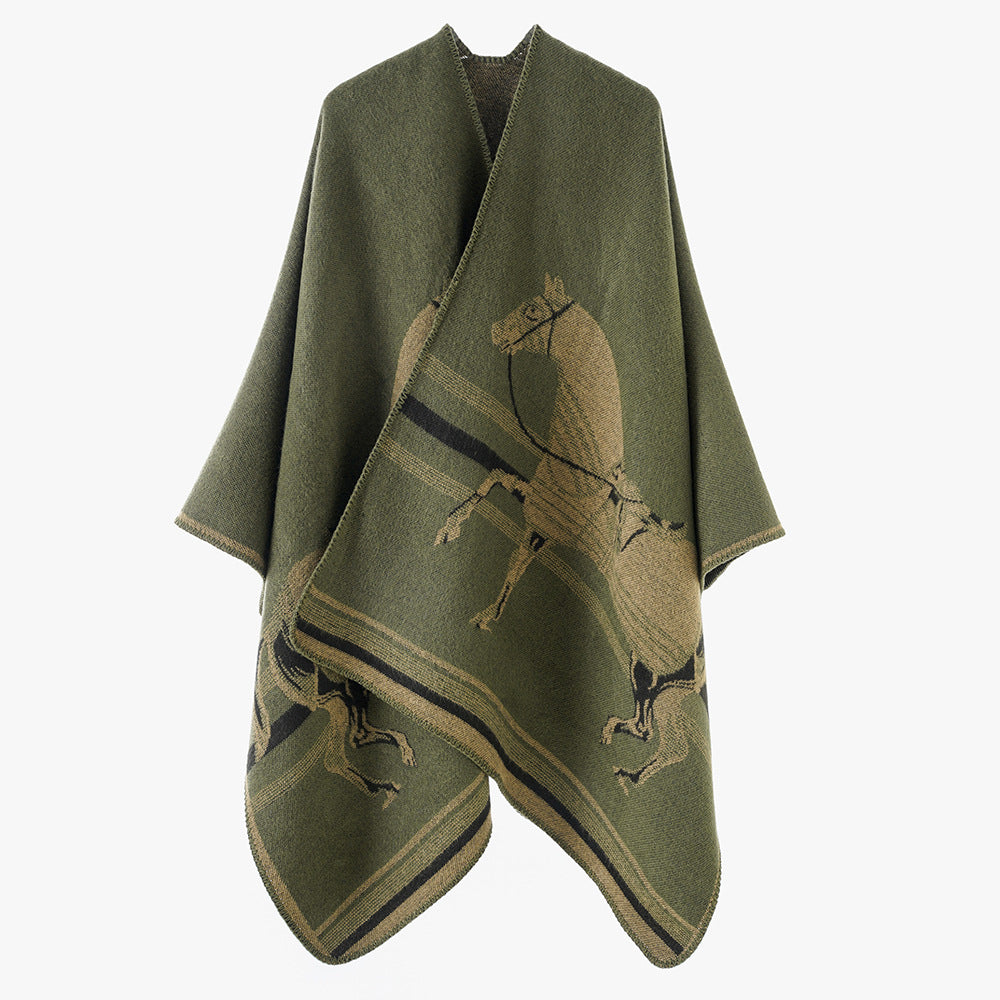Damen Poncho-Cape aus Wollmix mit gewebtem Pferde-Jacquard und kontrastkettelung – Avérine