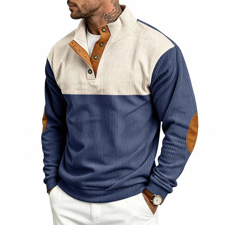 Herren Strukturierter Troyer-Pullover mit Stehkragen, Druckknopfleiste und Ellbogen‑Patches Echoarchiv