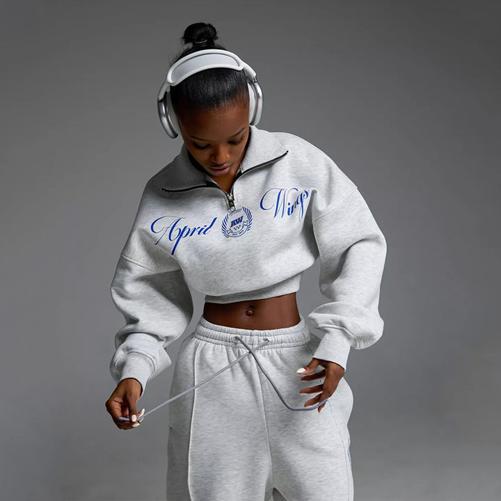 Damen Cropped Halbzip-Sweatshirt mit weitem High‑Waist Loungehose Set – Avérine