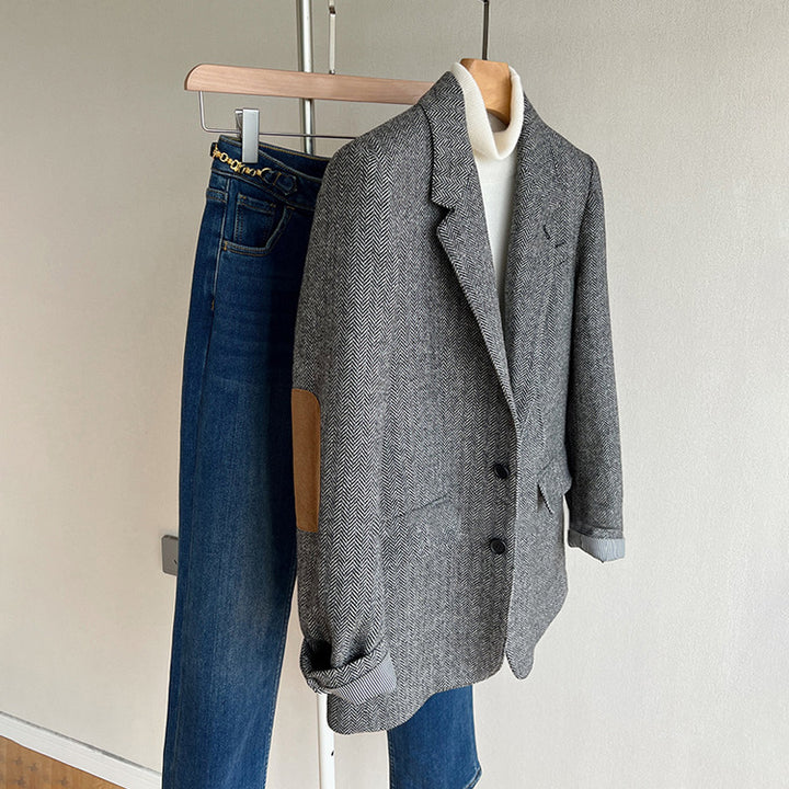 Damen Lockere Wollmix-Blazer im Fischgrät-Tweed mit Kontrast-Ellenbogenpatches Echo Archiv