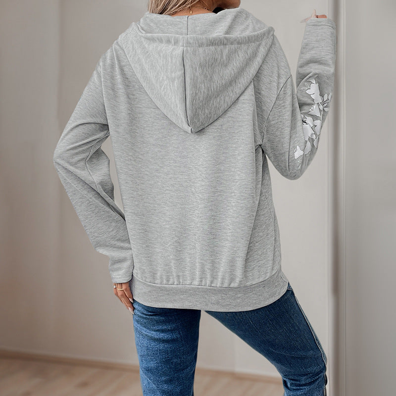 Damen Kapuzenpullover mit halbem Reißverschluss, Kängurutasche & floralen Ärmelapplikationen Echoarchiv