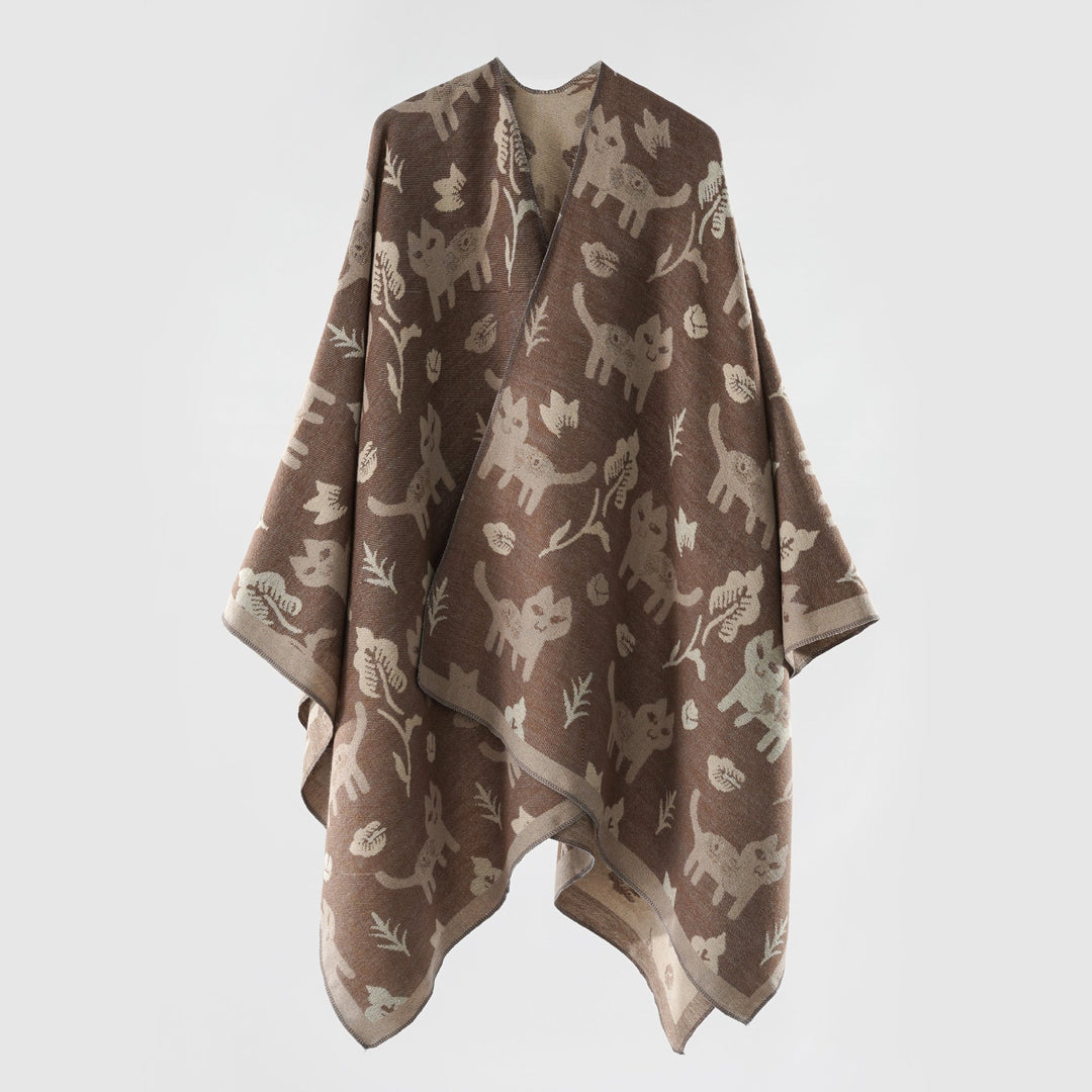 Damen Oversized Ruana im Jacquard mit Katzen- & Blumenmotiv Echo Archiv